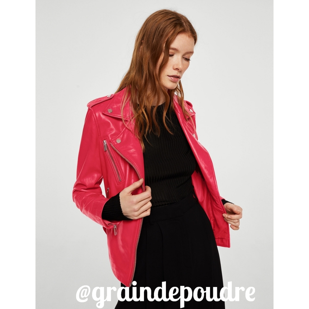 Mango Fire Engine Red Leather Motorcycle Jacket S